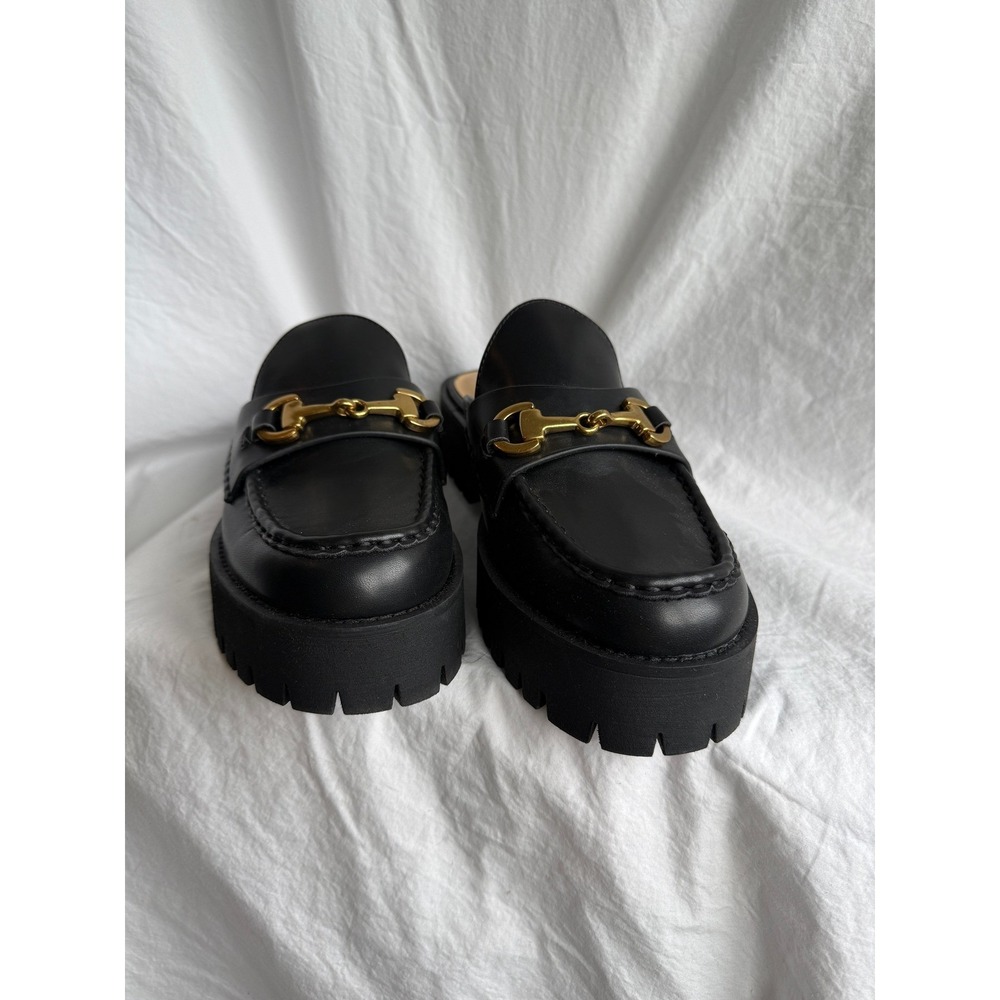Nine West WNDRIFT3 Black Platform Lug Sole Mule Loafers Gold Women's 9.5M